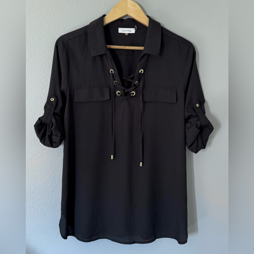 Calvin Klein Lace Up Front Long Sleeve Top Size Medium